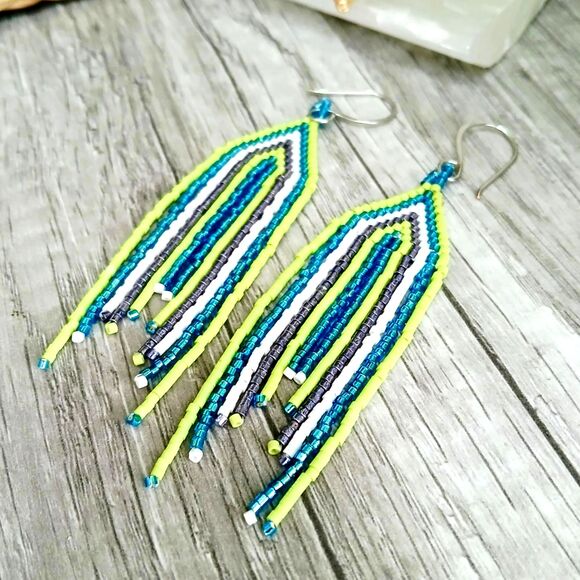 Boho Chic Beaded Cascade Fringe Dangle Earrings, Seed Bead Jewelry, 3.75" - Picture 5 of 5